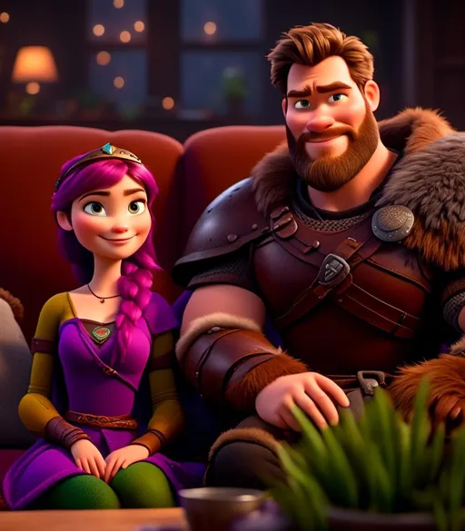 Prompt: <mymodel>CGI Animation, digital art, 20-year-old-old viking woman with light blue eyes, sitting on the couch in the living room next to her husband with brown hair and green gear, purple hair with purple strands, single braid down her shoulder with a tiara, subtle smile, unreal engine 8k octane, 3d lighting, close up camera shot on the face, full armor