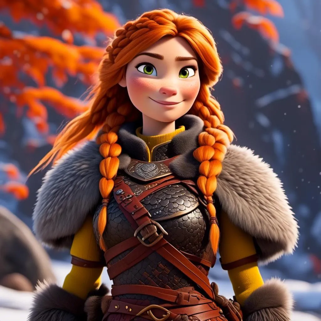 Prompt: <mymodel>CGi Animation, 25-year-old viking woman warrior with yellow eyes, a snowy scene, the viking woman has a subtle smile, hazel color hair, she has dark yellow gear, orange armor with bursts of red textured splotches, black pants, black boots