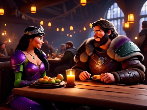 Prompt: <mymodel>CGI Animation, digital art, 20-year-old-old viking woman of royalty standing a busy tavern having a meal with her husband Jarl, {{the woman has purple armor}}, black hair, straight hair with a tiara, subtle smile, Jarl has green armor and brown gear, unreal engine 8k octane, 3d lighting, close up camera shot on the face, full armor