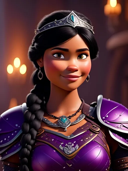 Prompt: <mymodel>CGI Animation, digital art, 20-year-old-old viking woman of royalty standing in The Great Hall on the Isle of Berk, {{black gear, purple armor}}, black hair, single braid down her shoulder with a tiara, subtle smile, unreal engine 8k octane, 3d lighting, close up camera shot on the face, full armor
