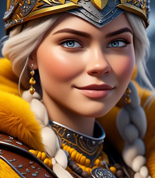 Prompt: <mymodel>CGI Animation, digital art, 20-year-old-old viking woman with light blue eyes, yellow clothes, gold colored armor, white hair, double braids down her shoulders with a tiara, subtle smile, unreal engine 8k octane, 3d lighting, close up camera shot on the face, full armor