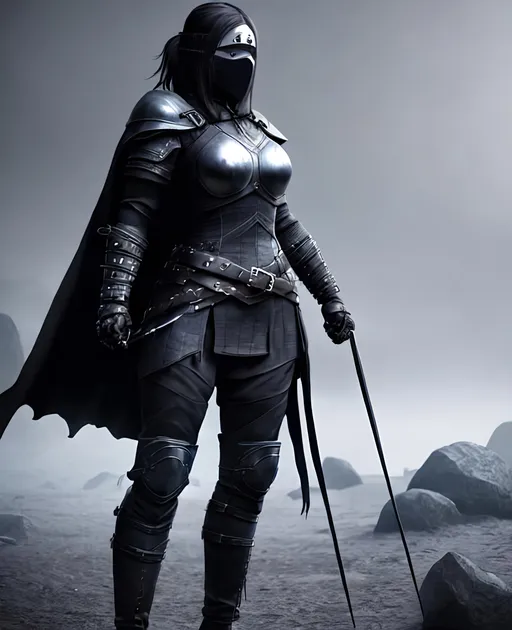 Prompt: Digital Art, a sinister viking woman, black armor, black gear, a black helmet fully covering her face, no face, no eyes, with a black ponytail coming from the helmet, a black cape, black bracers, black pants, black boots, unreal engine 8k octane, 3d lightning