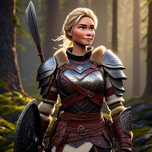 Prompt: digital CGI art of <mymodel>, 27-year-old modest Young woman viking, white gear, she has two iron frying pans to use as weapons while she stands in the forest, blonde hair, Quite well-built and lean muscled, green gold eyes, assassin's creed Valhalla armor, very short curly blonde hair