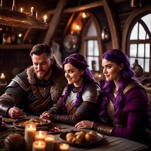 Prompt: Photo of a young <mymodel> sitting at the supper table with her husband a young Jarl Mollerson, he has short brown hair and no beard, they are in their viking house