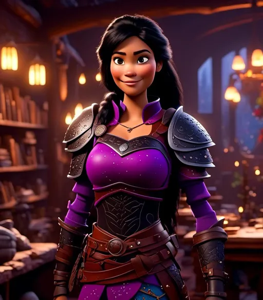 Prompt: <mymodel>CGI Animation, digital art, 20-year-old-old viking woman with light blue eyes, she is standing in her library, she is of royalty, {{black gear, purple armor}}, black hair with purple strands, single braid down her shoulder with a tiara, subtle smile, unreal engine 8k octane, 3d lighting, close up camera shot on the face, full armor