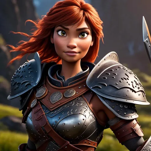 Prompt: <mymodel>Animated CGI style of a fierce Caucasian Viking, female about 25 years old, detailed facial features, leather armor with intricate Nordic designs, battle axe and shield, intense and determined expression, dynamic and powerful pose, high definition, CGI, detailed armor, fierce female, Nordic designs, battle-ready, dynamic pose, professional lighting