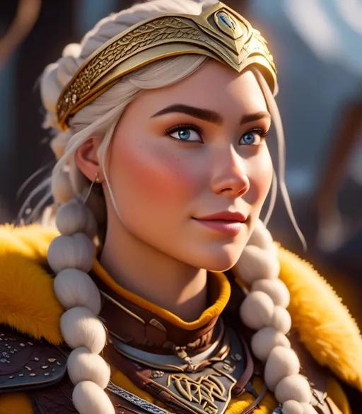 Prompt: <mymodel>CGI Animation, digital art, 20-year-old-old viking woman with light blue eyes, yellow clothes, gold colored armor, white hair, double braids down her shoulders with a tiara, subtle smile, unreal engine 8k octane, 3d lighting, close up camera shot on the face, full armor