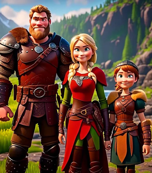 Prompt: <mymodel>CGI Animation, digital art, 20-year-old-old viking woman with light blue eyes and blonde hair standing with her older brother and younger sister, older brother has brown hair and green eyes, her younger sister has brunette hair and brown eyes, the viking woman has red clothes, blue colored armor, blonde straight hair, subtle smile, unreal engine 8k octane, 3d lighting, full armor