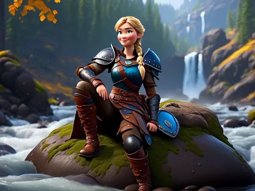 Prompt: <mymodel>CGi Animation, 20-year-old viking woman with blue eyes, she is wearing a helmet, a rainy scene, she is sitting on a boulder in a forest, the viking woman has a subtle smile with it pouring down rain, blonde hair in a ponytail style, she has blue gear, gold armor, black pants, black boots