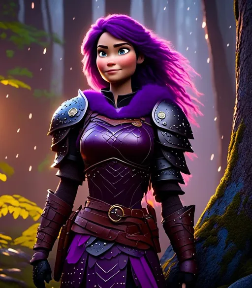 Prompt: <mymodel>CGI Animation, digital art, 20-year-old-old viking woman with light blue eyes, it is raining, she is of royalty standing at night next to a tree with her hands resting on the bark, she is in a dimly lit thick forest with trees everywhere, dense fog, {{black gear, purple armor}}, purple hair, single braid down her shoulder with a tiara, subtle smile, unreal engine 8k octane, 3d lighting, close up camera shot on the face, full armor