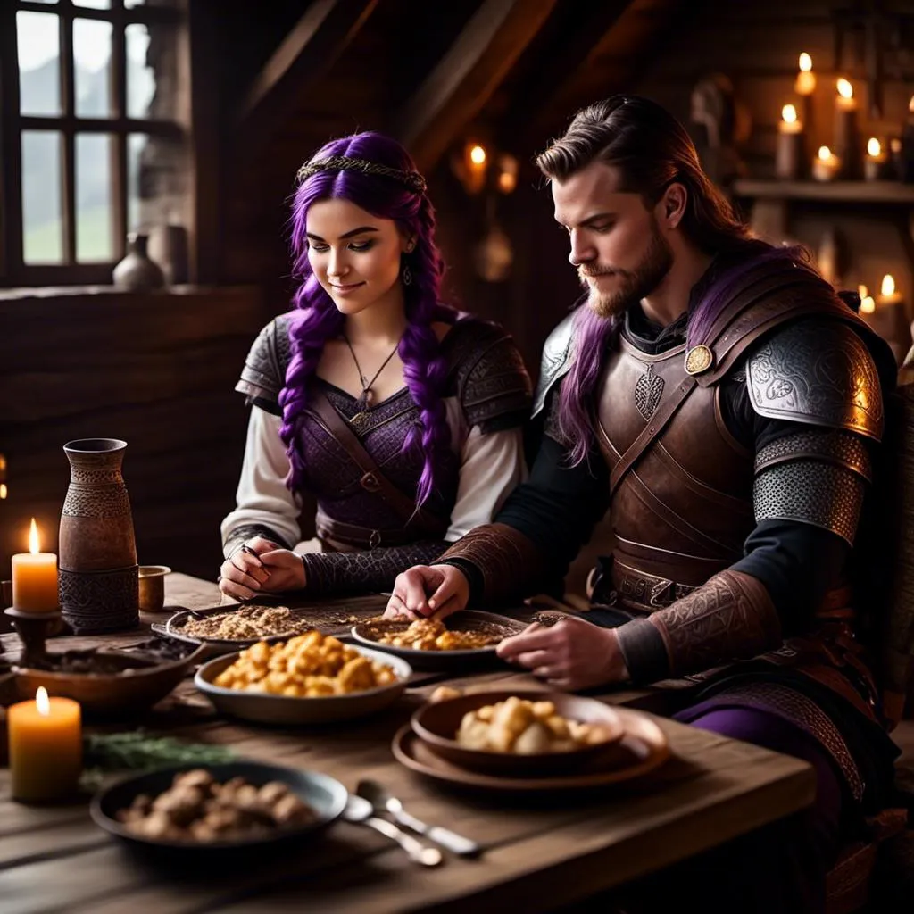 Prompt: Photo of a young <mymodel> sitting at the supper table with her husband a young Jarl Mollerson with short brown hair and no beard in their viking house