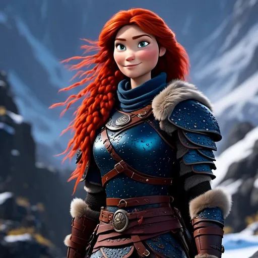 Prompt: <mymodel>CGi Animation, 25-year-old viking woman warrior with blue eyes, a snowy scene, the viking woman has a subtle smile, red hair, she has black gear, black armor, black textures, black pants, black boots