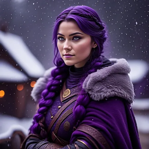 Prompt: Photo of <mymodel> she has a single braid down her shoulder with a heavy purple fur coat wearing a hood with a purple fur edge, she is in a viking village standing as snow falls