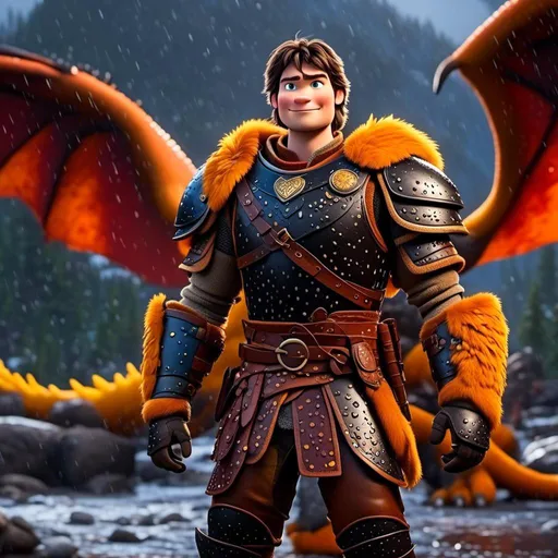 Prompt: <mymodel>CGi Animation, 20-year-old viking man with blue eyes, a rainy scene, the viking man has a subtle smile, black hair, he has orange gear, yellow armor with bursts of red splotches, black pants, black boots, he is standing next to a bright orange dragon with gold highlights, they are both in the rain