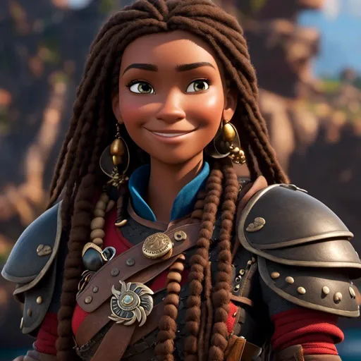 Prompt: <mymodel>CGI Animation, 20-year-old-old pirate woman, head is in rhe shape of an oval, {{brown gear, silver armor}}, brunette hair, dreadlocks, subtle smile, beads hair, small red earrings, multiple braids, straight hair, blue eyes, bracelets, rings on fingers, mercenary gear, unreal engine 8k octane, 3d lighting, full body, full armor