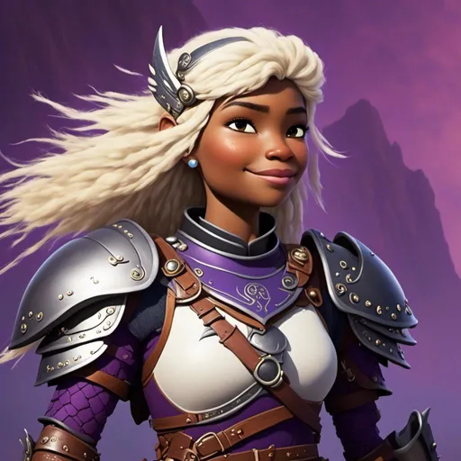 Prompt: a photo of <mymodel>, a caucasian white viking female with purple gear and armor