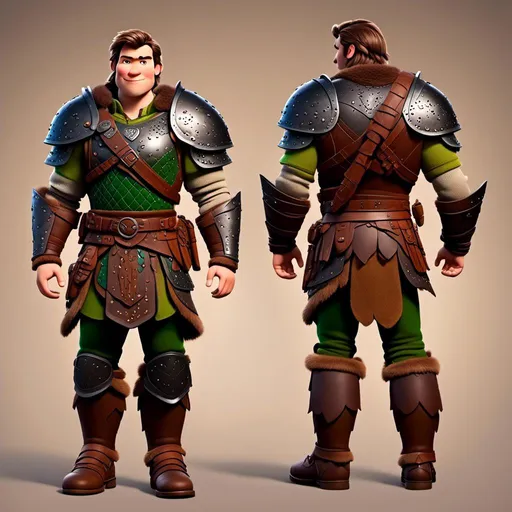 Prompt: <mymodel> viking man, lawyer, thin, small stature, standing in The Great Hall, medium length brown hair, evil look, evil smile, brown eyes, no armor, European-like brown gear, brown leather vest, long sleeve green shirt underneath the brown leather vest, black highlights on his clothes, brown pants, brown boots, historical, strong and natural lighting