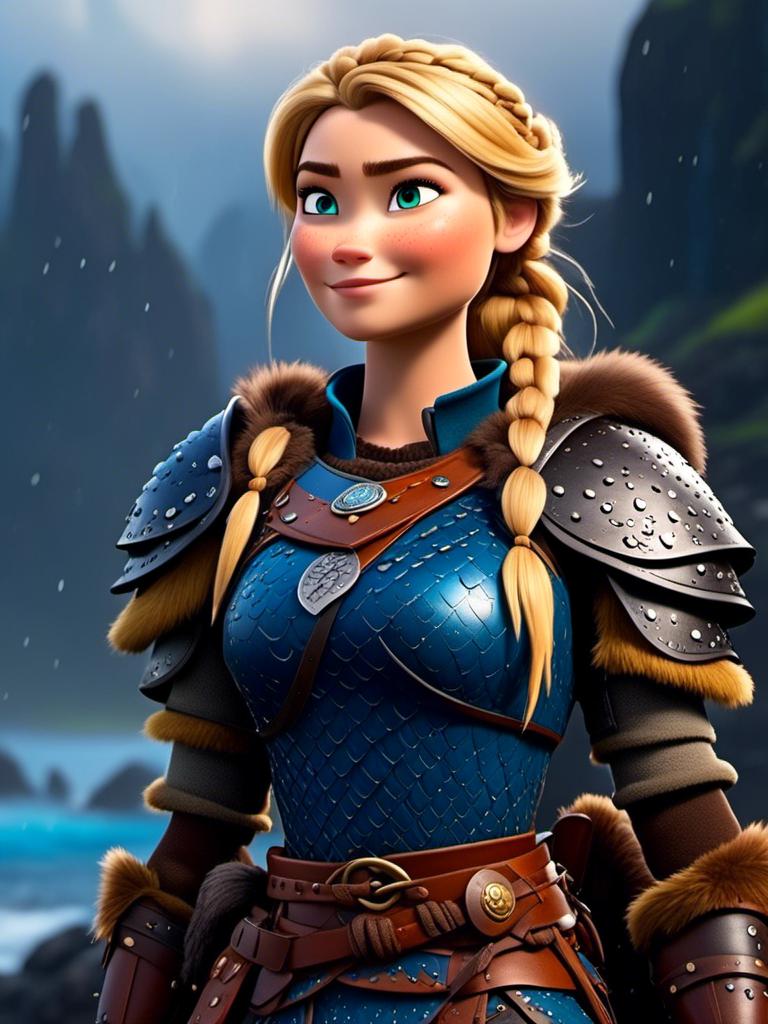 Prompt: <mymodel>CGi Animation, 20-year-old viking woman with blue eyes, ((she is wearing a royal tiara)), a rainy scene, the viking woman has a subtle smile with it pouring down rain, blonde hair in a ponytail style, she has blue gear, gold armor, black pants, black boots