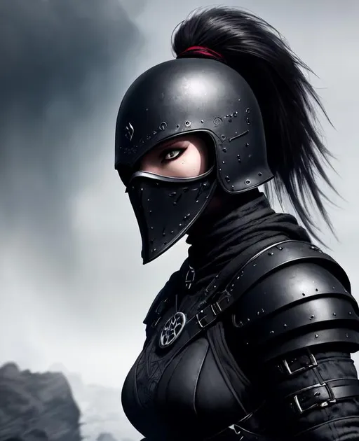 Prompt: Digital Art, a sinister viking woman, black armor, black gear, a black helmet fully covering her face, no face, no eyes, with a black ponytail coming from the helmet, a long black cloak, black bracers, black pants, black boots, unreal engine 8k octane, 3d lightning