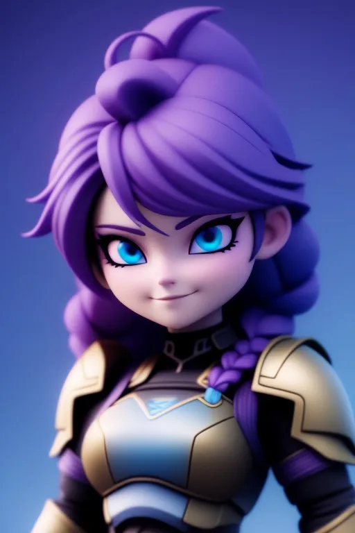 Prompt: Digital art, bright colors, subtle smile, 20-year-old woman viking, dark purple hair, one braid, light blue eyes, cut over left eye to on cheekbone, black gear, gold armor, unreal engine 8k octane, 3d lighting, full body, full armor