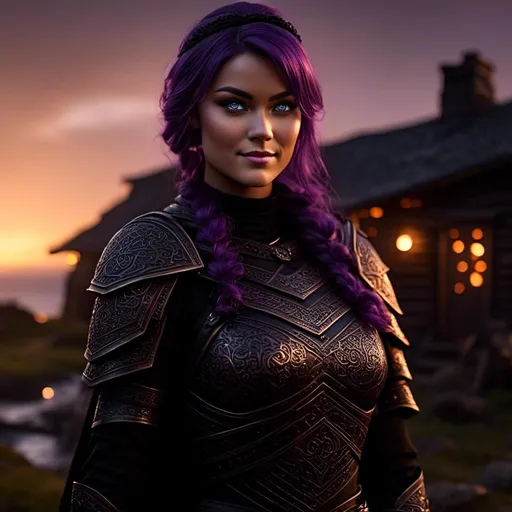 Prompt: <mymodel>25-year-old viking woman, a subtle smile, light blue eyes, black gear, bright black armor, black textures and highlights, standing in a dimly lit viking house, with glowing algae, short focus, blurry background, unreal engine 8k octane, 3d lighting, full body, full armor