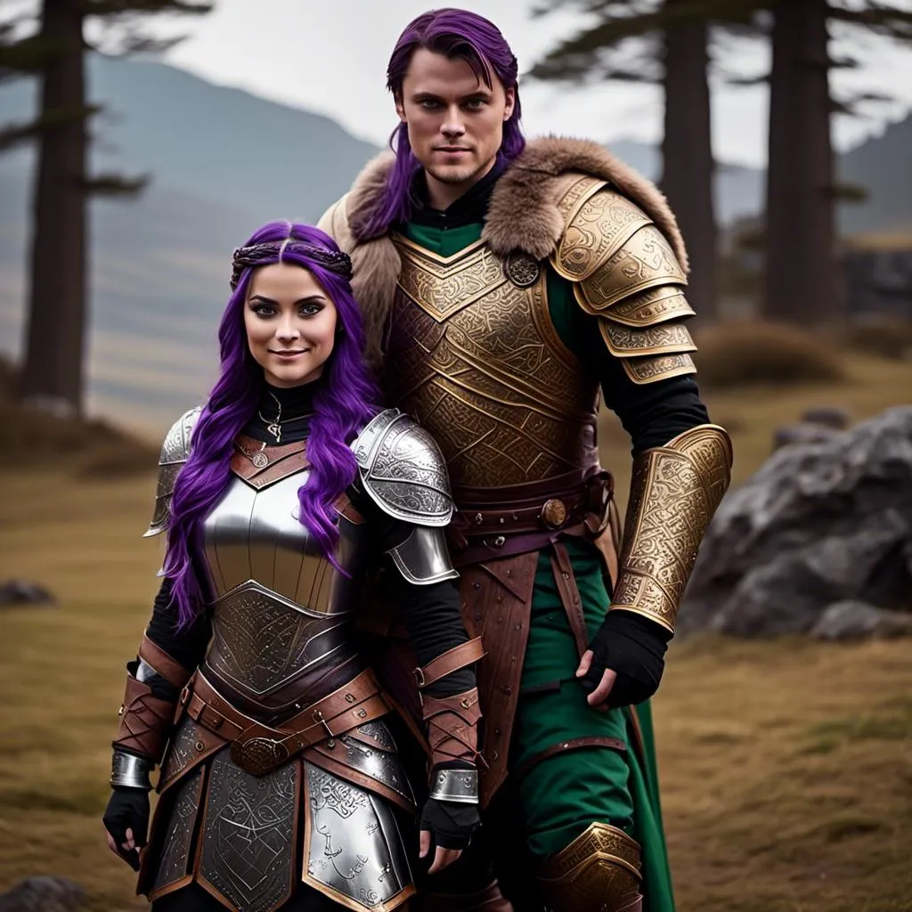 Prompt: Photo of <mymodel> standing next to her young husband Jarl Mollerson who has green gear and silver armor and brown hair