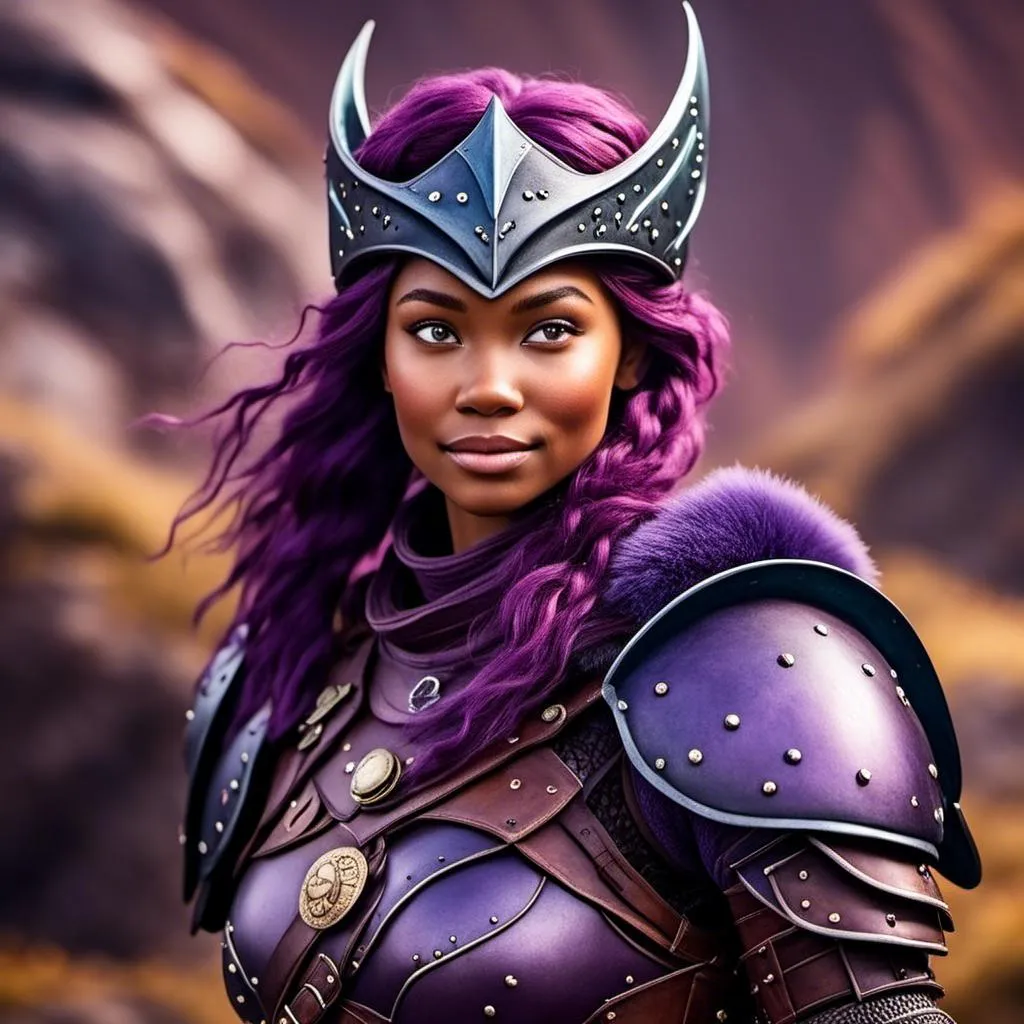 Prompt: <mymodel>a photo of a viking female with purple gear and armor