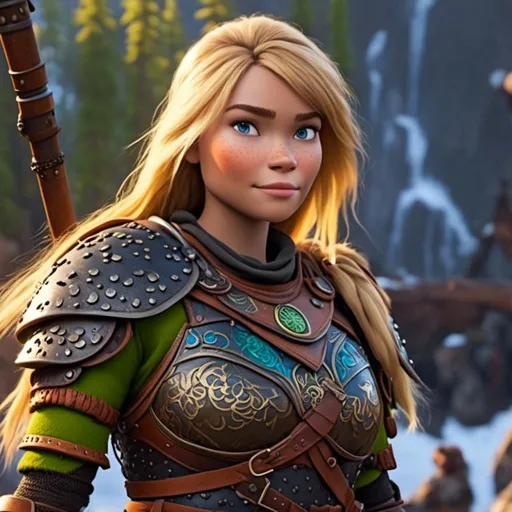 Prompt: <mymodel>CGI Animation of female viking, blonde straight hair, blue eyes, bright orange and green armor, yellow highlights dor gear and textures, full light body armor, standing in a viking village, intricate details, high quality, digital painting, cool tones, dramatic lighting