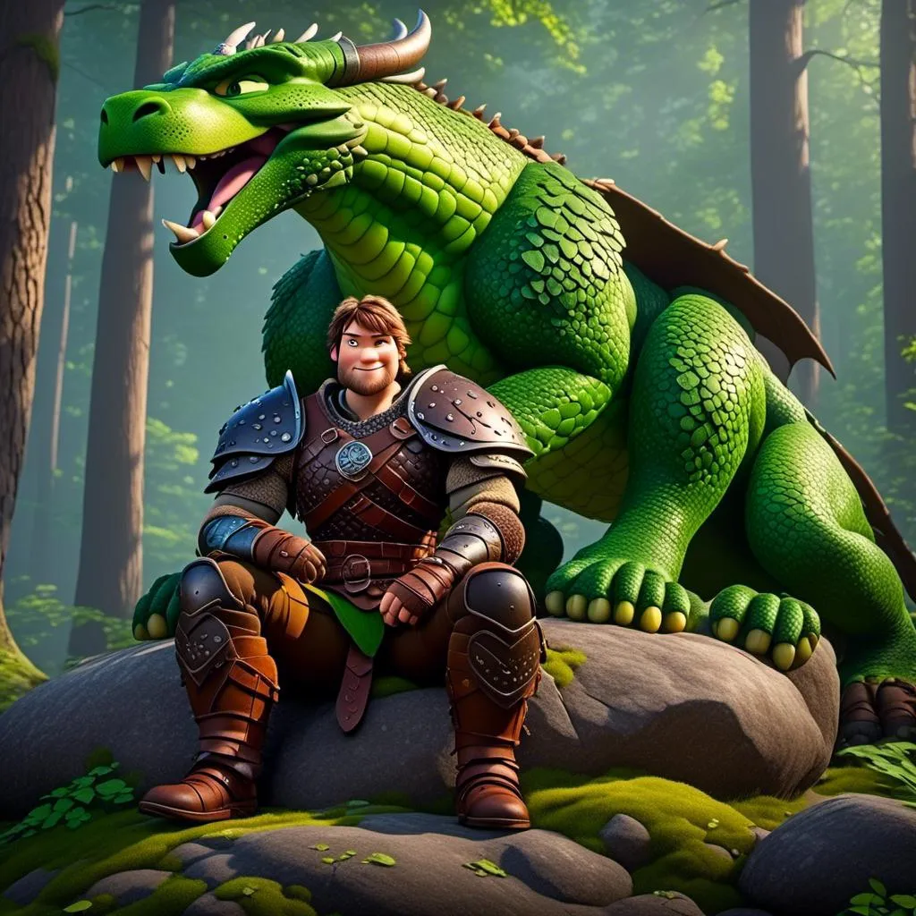 Prompt: <mymodel>Male viking warrior, thin and light muscle build, sitting on a boulder in the forest, there is a large green dragon next to him, short brown hair, green eyes, green armor, brown gear, brown pants, brown boots, historical, strong and natural lighting