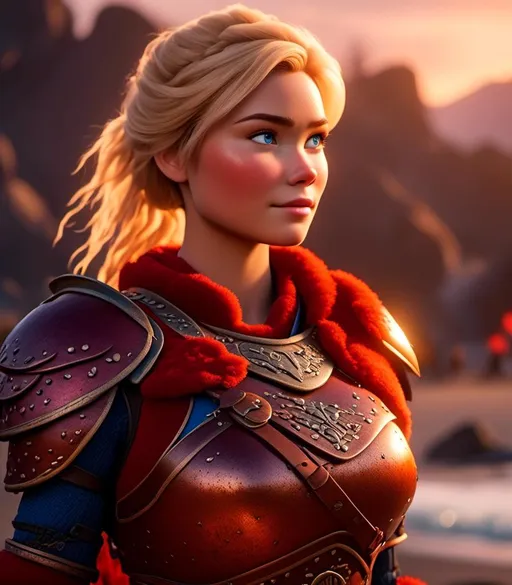 Prompt: <mymodel>CGI Animation, digital art, 20-year-old-old viking woman with light blue eyes standing around several hot springs on a beach, sunset lighting, blue clothes, red colored armor, blonde straight hair, subtle smile, unreal engine 8k octane, 3d lighting, cinematic lighting, camera shot of full armor from head to toe