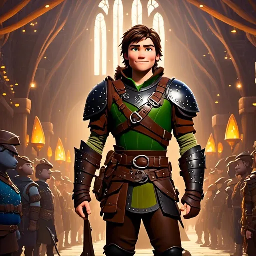 Prompt: <mymodel> viking man, lawyer, thin, small stature, standing in The Great Hall, medium length brown hair, brown eyes, no armor, European-like brown gear, brown leather vest, long sleeve green shirt underneath the brown leather vest, black highlights on his clothes, brown pants, brown boots, historical, strong and natural lighting