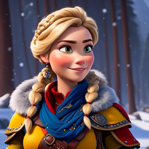 Prompt: <mymodel>CGI Animation, close-up portrait of the face, 20-year-old-old pirate woman sitting on a snow bank, a snowy scene, {{yellow gear, blue armor}}, blonde hair, an updo style of hair with a faded buzz cut on the side of the head, subtle smile, beads hair, small red earrings, multiple braids, yellow gear, straight hair, green eyes, bracelets, rings on fingers, mercenary gear, unreal engine 8k octane, 3d lighting, close up camera shot on the face, full armor