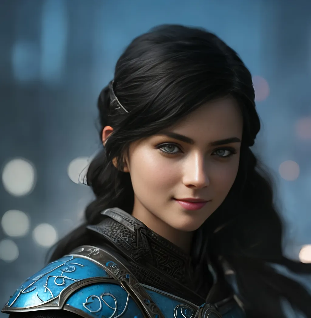 Prompt: she has black hair, create most beautiful fictional female viking warrior, hopeful smile, black hair, light blue eyes, extremely detailed environment, detailed background, intricate, detailed skin, professionally color graded, photorealism, 8k, moody lighting