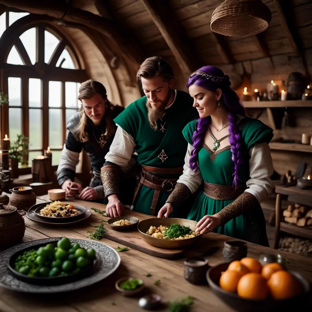 Prompt: Photo of a young <mymodel> setting the supper table with her husband a young Jarl Mollerson with green clothes in their viking house