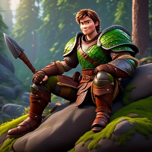 Prompt: <mymodel>Male viking warrior, thin and light muscle build, sitting on a boulder in the forest, there is a green dragon next to him, short brown hair, green eyes, green armor, brown gear, brown pants, brown boots, historical, strong and natural lighting