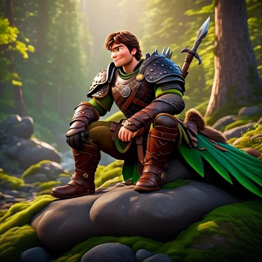 Prompt: <mymodel>Male viking warrior, thin and light muscle build, sitting on a boulder in the forest, there is a green dragon next to him, short brown hair, green eyes, green armor, brown gear, brown pants, brown boots, historical, strong and natural lighting