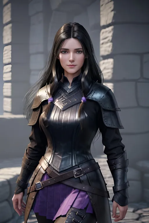 Prompt: Digital Art, 25-year-old viking woman, subtle smile, black straight hair, dark purple eyes, a dark purple long-sleeve shirt, textured skirt down to knees, dark purple pants, dark purple armor, long black hair with volume, middle part in hair, leather boots, dark purple gear, unreal engine 64k octane, hdr, 3d lighting, full body, full armor