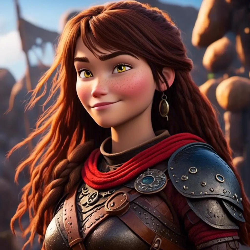 Prompt: <mymodel>CGI Animation of a viking female, brown hair in her face, hazel eyes, bright red gear and armor, yellow highlights and textures, standing in a viking village, intricate details, high quality, digital painting, cool tones, dramatic lighting