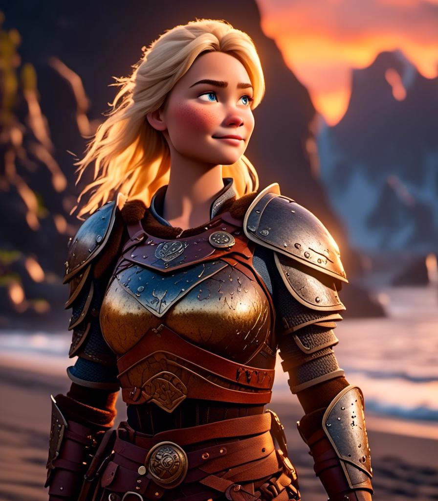 Prompt: <mymodel>CGI Animation, digital art, 20-year-old-old viking woman with light blue eyes standing around several hot springs on a beach, sunset lighting, blue clothes, blue colored armor, blonde straight hair, subtle smile, unreal engine 8k octane, 3d lighting, cinematic lighting, camera shot of full armor from head to toe