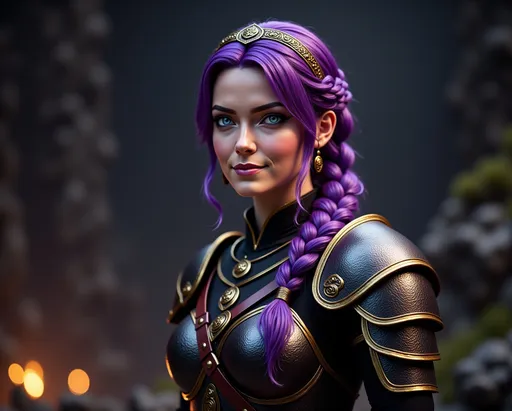 Prompt: <mymodel>Realistic photography, 20-year-old-old viking woman with light blue eyes, she is overjoyed, she has black gear and gold armor, purple hair with purple strands, standing in a dimly lit cave, single braid down her shoulder with a tiara, unreal engine 16k octane, 3d lighting, full armor