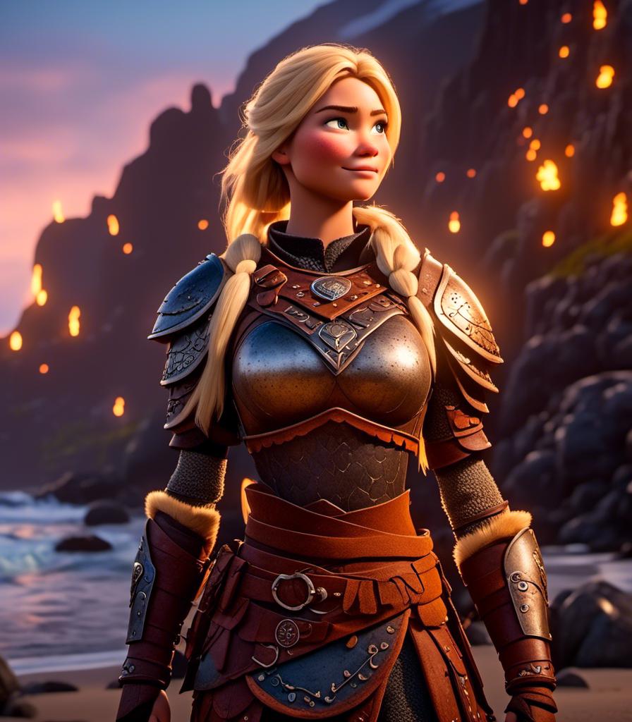 Prompt: <mymodel>CGI Animation, digital art, 20-year-old-old viking woman with light blue eyes standing around several hot springs on a beach, sunset lighting, blue clothes, blue colored armor, blonde straight hair, subtle smile, unreal engine 8k octane, 3d lighting, cinematic lighting, camera shot of full armor from head to toe