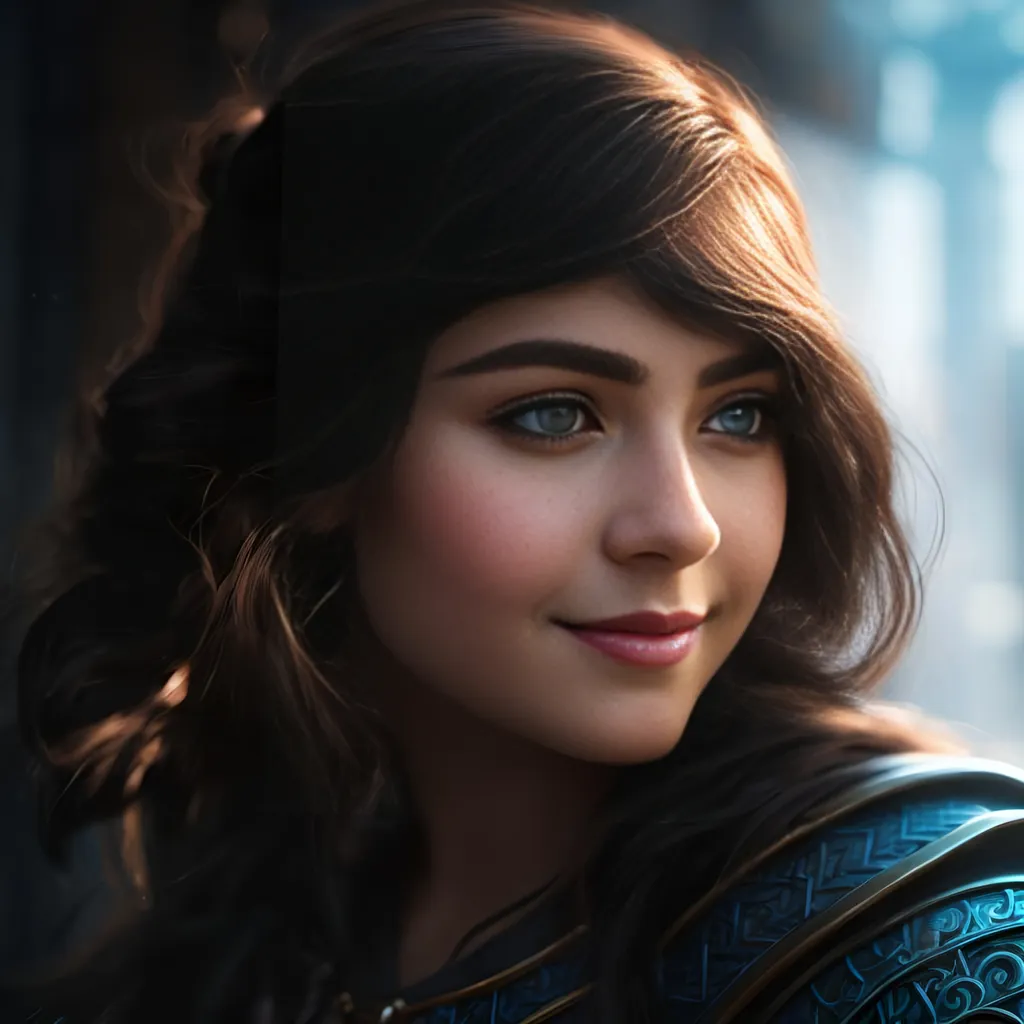 Prompt: she has black hair, create most beautiful fictional female princess viking warrior, hopeful smile, black hair, light blue eyes, extremely detailed environment, detailed background, intricate, detailed skin, professionally color graded, photorealism, 8k, moody lighting