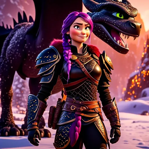 Prompt: Photo of<mymodel>standing next to her ((black)) razorwhip dragon from How to Train Your Dragon in the snow, viking warrior, purple hair, single braid down her shoulder, black gear, gold armor, black pants, gold boots, 8K octane, unreal engine, short focus, blurry background