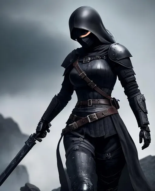 Prompt: Digital Art, a sinister viking woman, black armor, black gear, a black helmet fully covering her face, no face, no eyes, with a black ponytail coming from the helmet, a long black cloak, black bracers, black pants, black boots, unreal engine 8k octane, 3d lightning