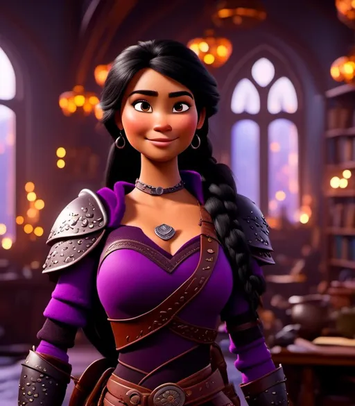 Prompt: <mymodel>CGI Animation, digital art, 20-year-old-old viking woman with light blue eyes, she is standing in her library, she is of royalty, {{black gear, purple armor}}, black hair with purple strands, single braid down her shoulder with a tiara, subtle smile, unreal engine 8k octane, 3d lighting, close up camera shot on the face, full armor