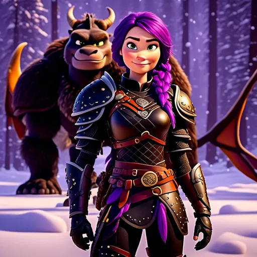 Prompt: Photo of<mymodel>standing next to her ((black)) razorwhip dragon from How to Train Your Dragon in the snow, viking warrior, purple hair, single braid down her shoulder, black gear, gold armor, black pants, gold boots, 8K octane, unreal engine, short focus, blurry background