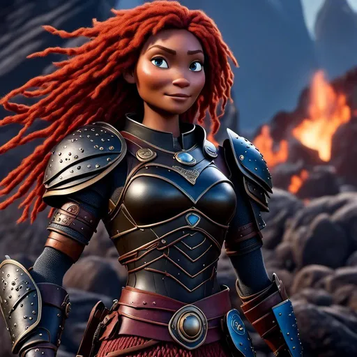 Prompt: <mymodel>CGI Animation of a viking woman of 40 years old, red hair with dreadlocks, blue eyes, all black gear and armor, leather highlights and textures, dragon scale textures and armor, intricate details, high quality, digital painting, cool tones, dramatic lighting