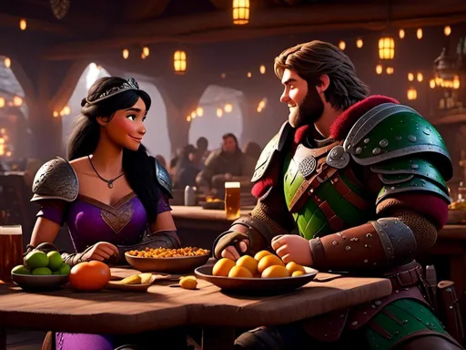 Prompt: <mymodel>CGI Animation, digital art, 20-year-old-old viking woman of royalty standing a busy tavern having a meal with her husband Jarl, Jarl is clean shaven, {{the woman has purple armor}}, black hair, straight hair with a tiara, subtle smile, Jarl has green armor and brown gear, unreal engine 8k octane, 3d lighting, close up camera shot on the face, full armor