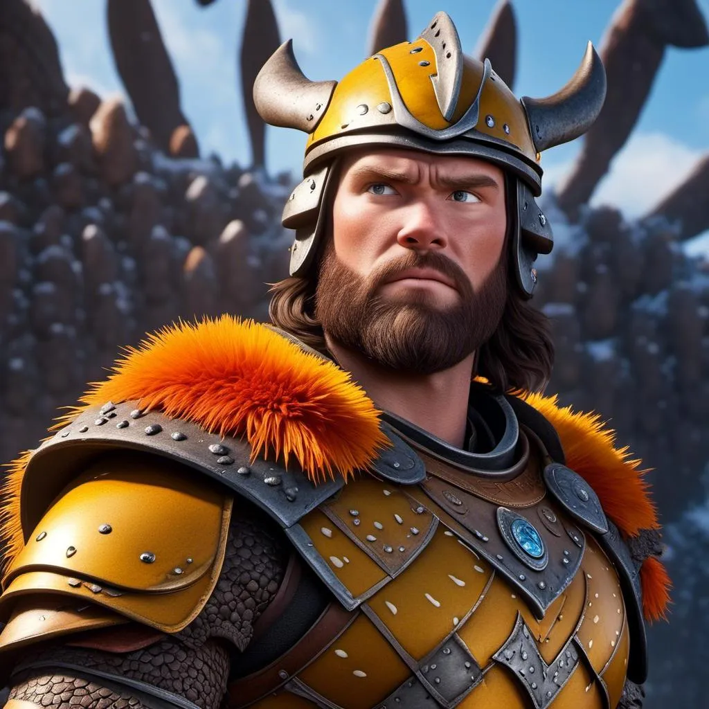 Prompt: <mymodel>Animated CGI style of a fierce Caucasian Viking with dark hair, intense gaze, realistic yellow armor with bursts of orange textures, high quality, CGI, realistic, intense gaze, viking, male, Caucasian, detailed facial features, fur textures, highres, professional, intense lighting