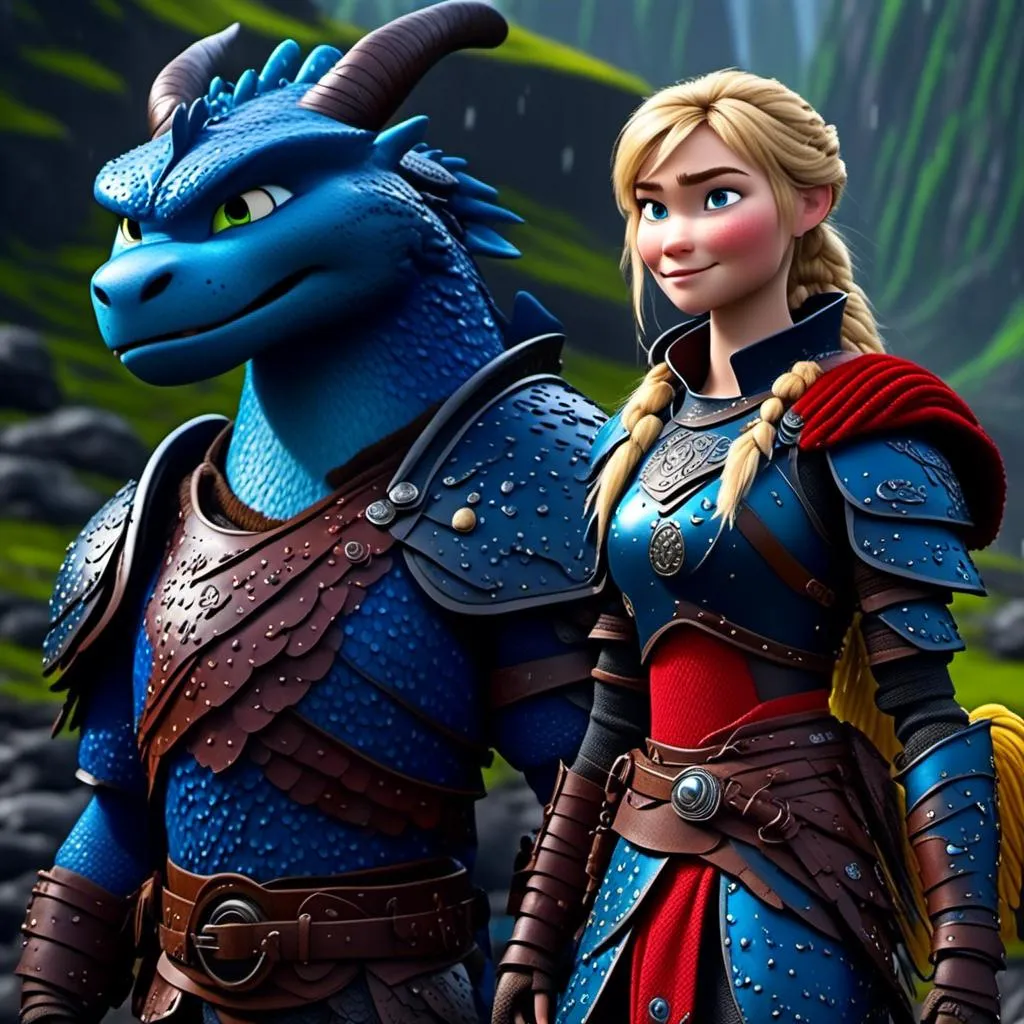 Prompt: <mymodel>CGi Animation, 20-year-old viking woman with blue eyes, a rainy scene, she is standing next to a bright blue dragon with red highlights, they are both in the rain, the viking woman has a subtle smile, blonde hair in a ponytail style, she has blue gear, red armor, black pants, black boots